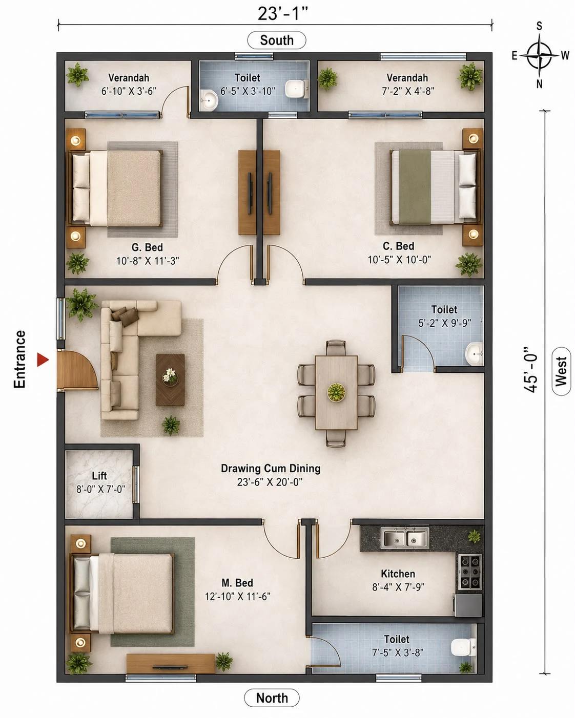Tongi ready flat floor plan — 1350 sft, 3 bed, 3 bath